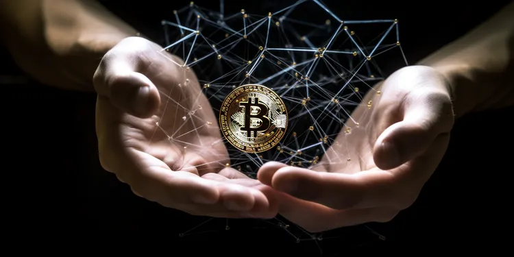 Bitcoin Münze in Händen